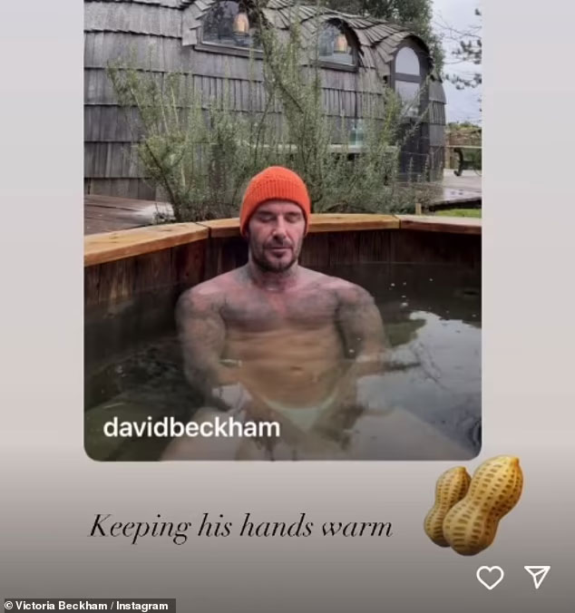 Victoria Beckham cheekily poked fun at husband David as he stripped off for an ice bath at their Cotswolds home on Sunday.—Instagram@VitoriaBeckham