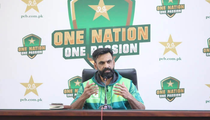 Pakistan mens Team Director Mohammad Hafeez speaks during a press conference. — PCB/File