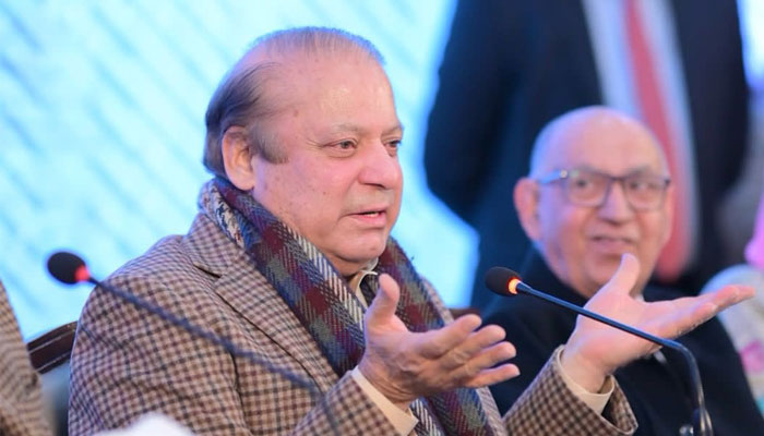 PML-N supremo Nawaz Sharif speaks during the launch of partys election manifesto in Lahore on January 27, 2024. — X/@pmln_org