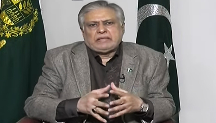 PML-N Senator Ishaq Dar speaking on Geo News programme Naya Pakistan in this still taken from a video on January 28, 2024. — YouTube/Geo News