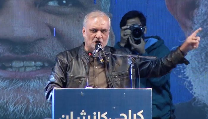 Jamaat-e-Islami (JI) Karachi Emir Hafiz Naeem Ur Rehman addresses a public rally in Karachis Bagh-e-Jinnah on January 28, 2024. — JI Karachi