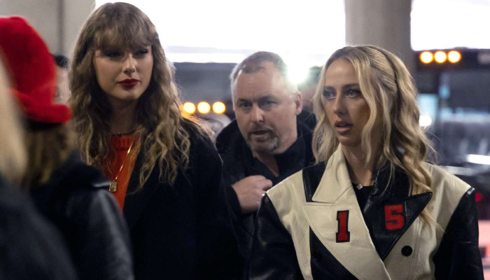 Taylor Swift arriving at the AFC Championship match with Brittany Mahomes