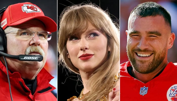 Taylor Swift, Travis Kelce ve Andy Reid ayrı toplantılarda jest yapıyor.  — X/@grosbygroup