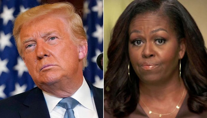 Michelle Obama ve Donald Trump ayrı toplantılarda jest yapıyor.  — AFP/Dosya