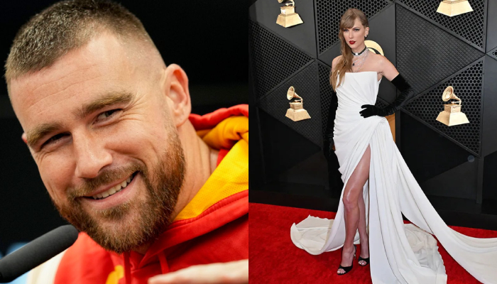 Travis Kelces reaction to Taylor Swifts Grammys 2024 red carpet look