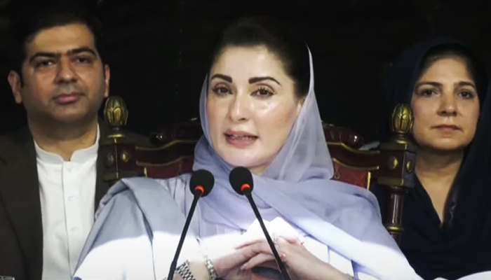 PML-N Maryam Nawaz speaks to the media after PML-N’s parliamentary party meeting in this still taken from a video, on February 21, 2024. — GeoNews