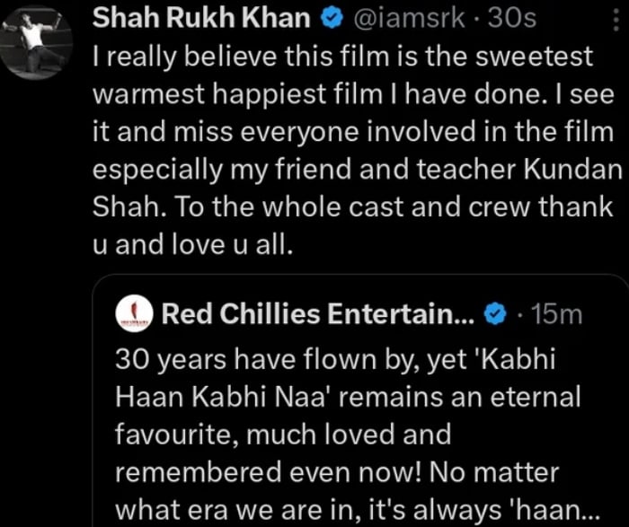 Shah Rukh Khan marks 30 years of Kabhi Haan Kabhi Naa: happiest film