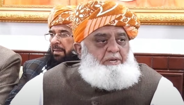 JUI-F chief Maulana Fazlur Rehman addresses the press conference in Peshawar on February 27, 2024, in this still taken from a video. — Geo News