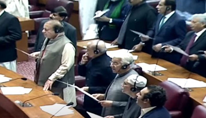 Newly-elected members including (left to right) PML-N supremo Nawaz Sharif, President Shehbaz Sharif, PPP Co-chairman Asif Zardari, Bilawal Bhutto and others take oath in the National Assembly on February 29, 2024, in still taken from a video. — YouTube/PTV News