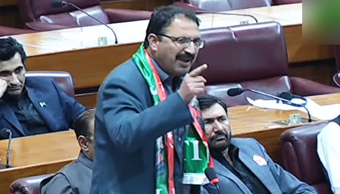 Sunni Ittehad Council’s (SIC) lawmaker Junaid Akbar addresses the National Assembly in this still taken from a video on March 1, 2024. — YouTube/PTV Parliament