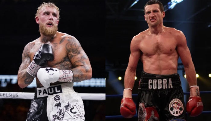 The image shows boxers Jake Paul (left) and Carl Froch. — AFP/The Sun/File