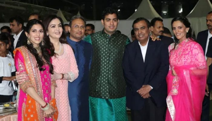 From Left to right) Shloka Mehta, Nita Ambani, Russel Mehta, Akash Ambani, Mukesh Ambani And Mona Mehta. — Bollywood Shaadis/File