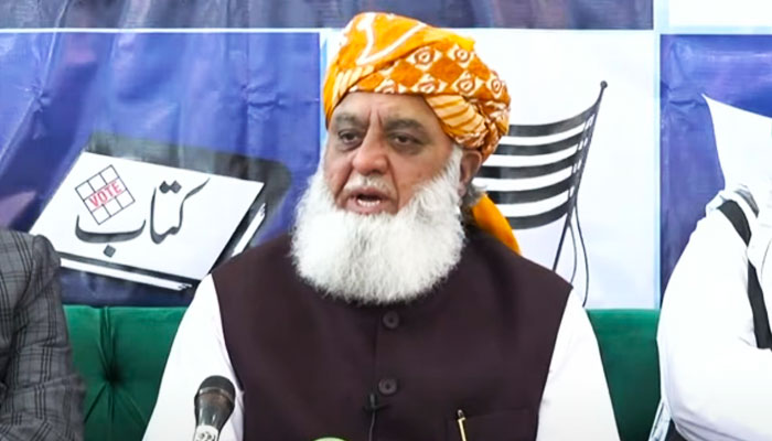 JUI-F leader Maulana Fazlur Rehman speaks in this still taken from a video. — Geo News