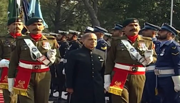 Prime Minister Shehbaz receives a guard of honour in Islamabad on March 4, 2024, as seen in this still taken from a video. — YouTube/Geo News Live