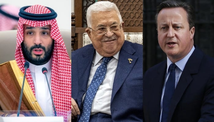 (From left) Saudi Crown Prince Mohammed Bin Salman, Palestinian President Mahmoud Abbas and UK Foreign Secretary David Cameron. — AFP/File