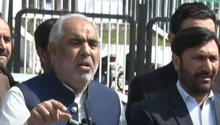 Pakistan Tehreek-e-Insaf (PTI) leader Asad Qaiser speaking to media persons in Islamabad on Tuesday, March 4, 2024. — YouTube screengrab/Geo News Live