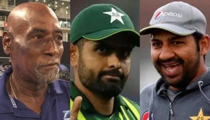 Left to right: West Indian cricket legend Sir Vivian Richards, Babar Azam and Sarfraz Ahmed. — Reporter/AFP/File