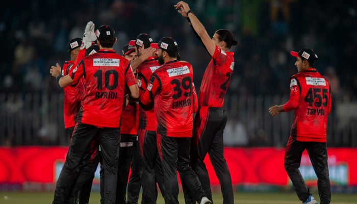 Lahore Qalandars players celebrating after sending a Qalandars batter to the pavilion on March 6, 2024. — PCB