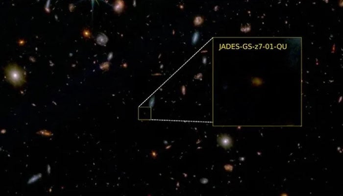 JADES-GS-z7-01-QU'nun vurgulandığı, GOODS Güney sahasının küçük bir kısmının sahte renkli JWST görüntüsü.  — Jades/Dosya