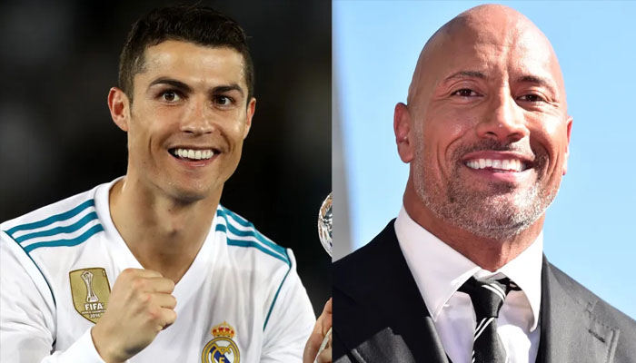 Cristiano Ronaldo and Dwayne Johnson gesture during separate gatherings. — Gros byGroup/File