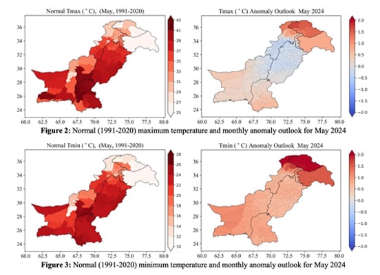 A comparison of maximum and minimum temperatures between May 1991-2020 (right) and May 2024. — PMD