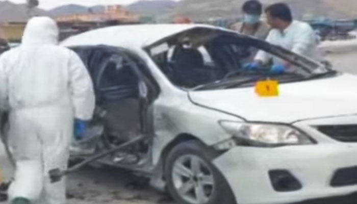 Mohammad Siddiq Mengal car is seen damaged following the blast on May 3, 2024, in this still taken from a video. — YouTube/Geo News Live