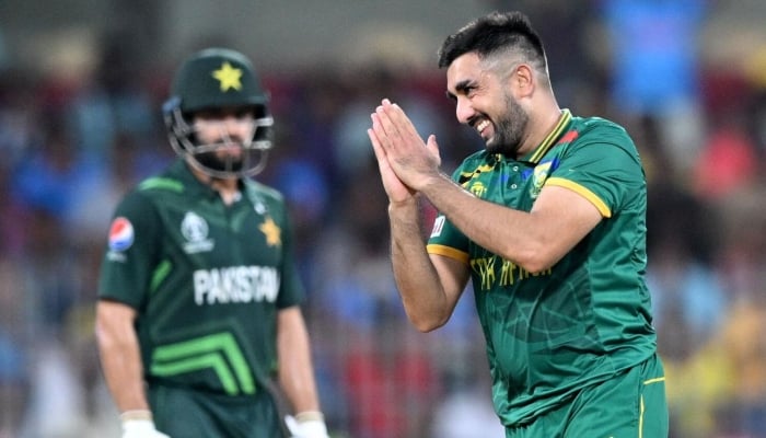South Africas Tabraiz Shamsi celebrates after taking wicket in ICC World Cup 2023 match against Pakistan in Chennai, India, on October 27, 2023. — AFP