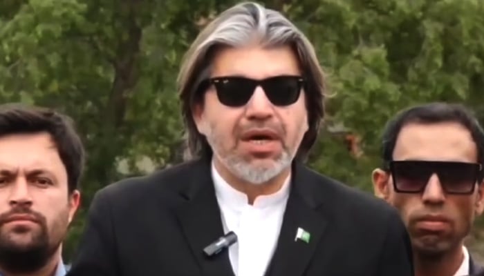 PTI leader Ali Muhammad Khan speaks to journalists outside Rawalpindi’s Adiala Jail on May 3, 2024. — Screen grab/Geo News