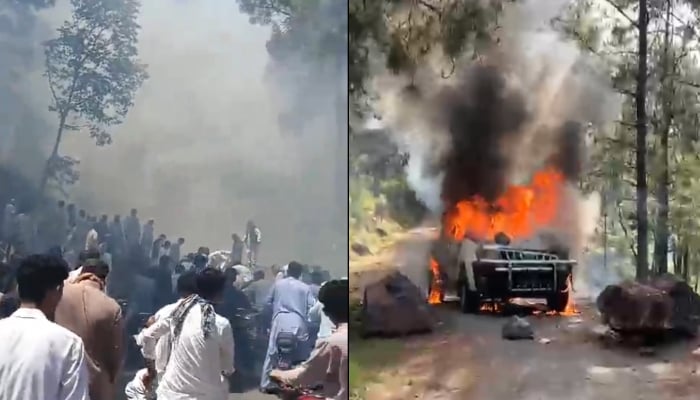 Protestors seen during arson amid violent protests in AJK in these stills taken from videos on May 11, 2024. — X/@fouzi_s/ author