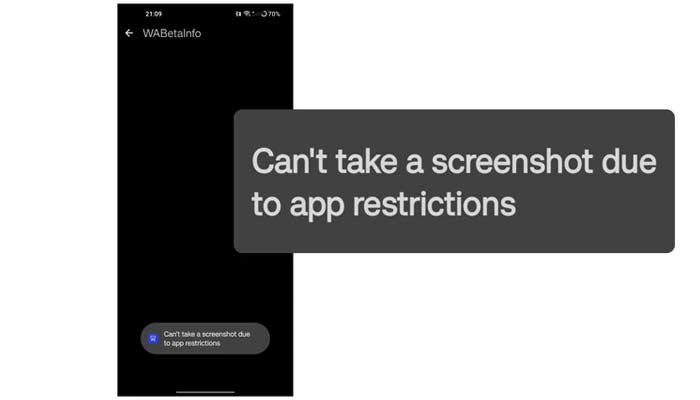 A display of WhatsApps new screenshot restriction pop up. — WABetaInfo