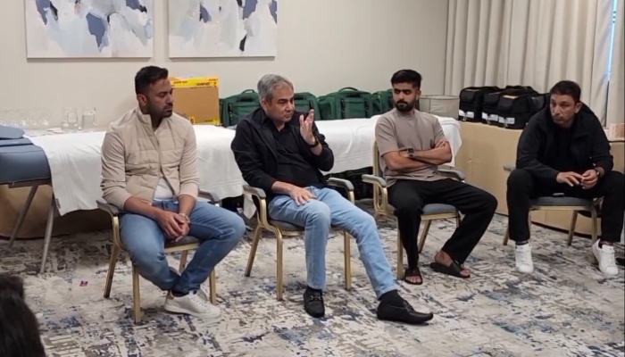 Pakistan Cricket Board (PCB) Chairman Mohsin Naqvi is talking with Pakistan team and management in Dublin, Ireland, on May 11, 2024. —Screengrab/PCB video