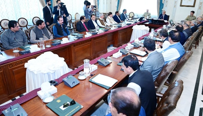 Prime Minister Shehbaz Sharif presiding over the high-level meeting in Islamabad over unrest in AJK on May 13, 2024. —PMO