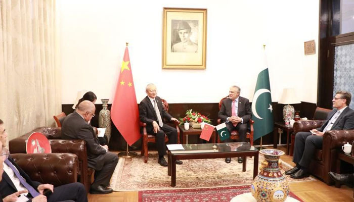 Picture from the meeting between FM Ishaq Dar and Chinese FM and officials on May 13, 2024. — APP