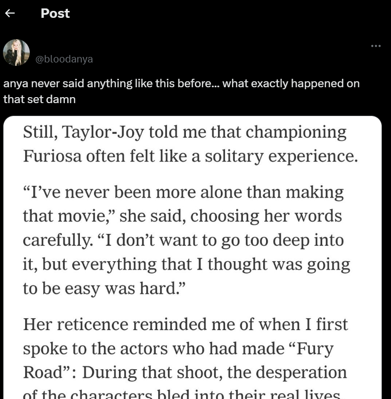 Anya Taylor-Joy sparks concern as she hints at bad experience on Furiosa set