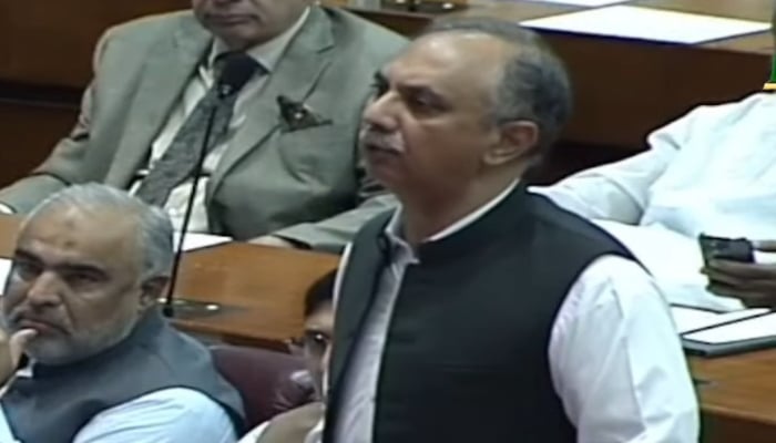 Leader of the Opposition in National Assembly Omar Ayub is addressing NA session on May 14, 2024. —Screengrab/ YouTube/ PTV Parliament