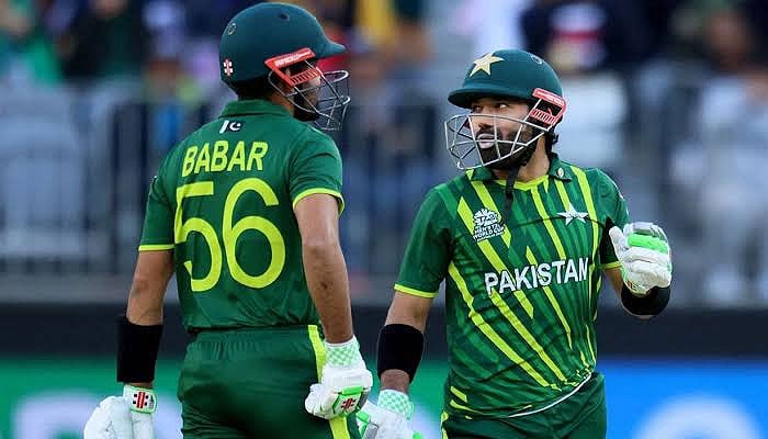 Pakistan skipper Babar Azam (left) and Muhammad Rizwan celebrate during the third T20 match against Ireland in Dublin, Ireland on May 14, 2024. — X/@Babarazam958