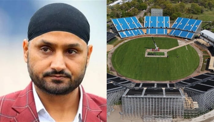 Former Indian spinner Harbhajan Singh and an overhead view of Nassau County International Cricket Stadium. — ICC/File
