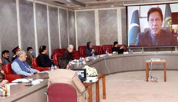Former prime minister Imran Khan attends official meeting via video link in this undated image. — PID