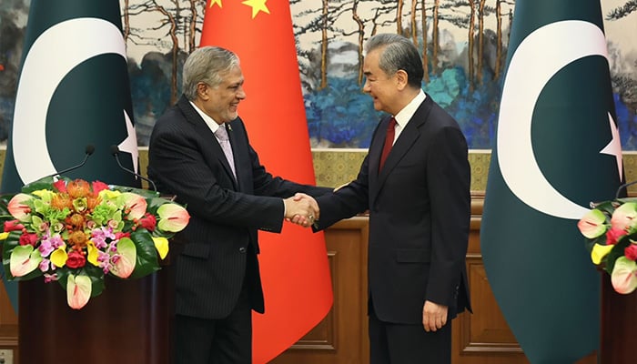 Deputy PM and Foreign Minister Senator Ishaq Dar shakes hands with Chinese counterpart Wang Yi during fifth round of the Pakistan-China Strategic Dialogue, Beijing, China, May 15, 2024. — X/@ForeignOfficePk