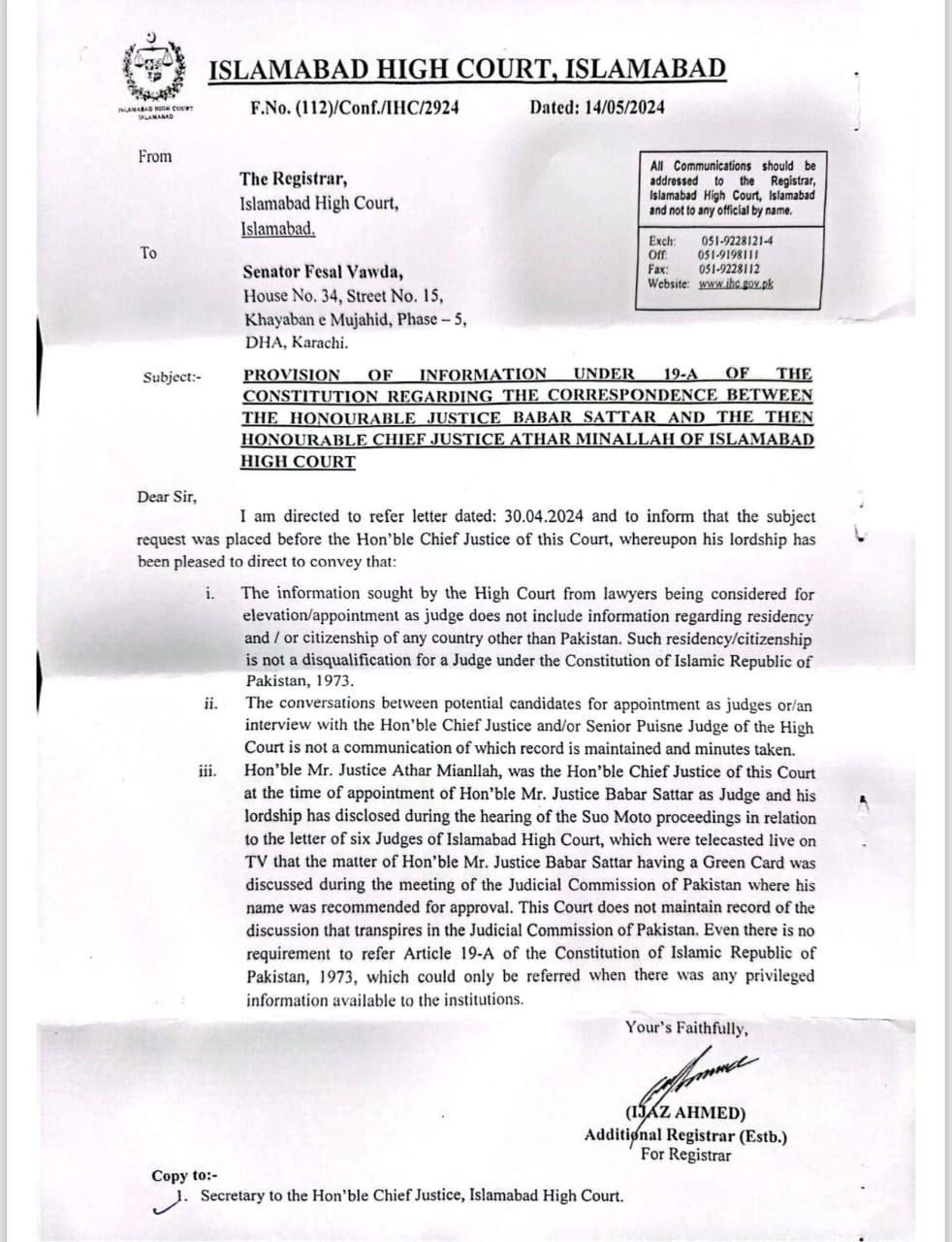 A copy of the IHC registrars letter in response to Faisal Vawdas query. — Geo News