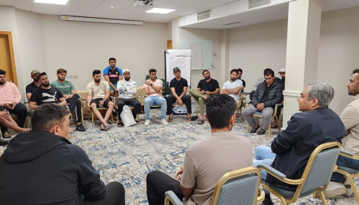 Pakistan Cricket Board (PCB) Chairman Mohsin Naqvi is talking with Pakistan team and management in Dublin, Ireland, on May 11, 2024. —Facebook/Pakistan Cricket Team