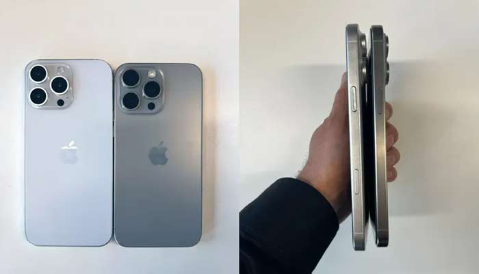 Leaked images of Apple iPhone 16 Pro Max dummy model kept against iPhone 15 Pro Mac to access size difference. — X/@ZONEofTECH