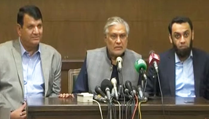 Kashmir Affairs Minister Amir Muqam (left), Foreign Minister Ishaq Dar and Information Minister Attaullah Tarar during a presser in Lahore on May 19, 2024. — YouTube screengrab/Geo News