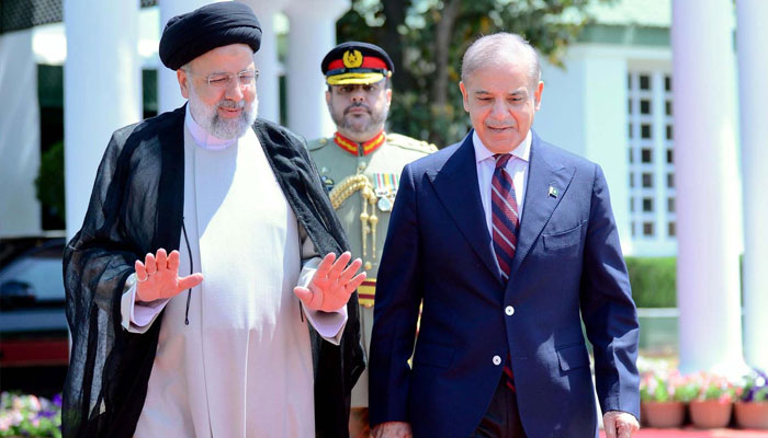 Prime Minister Shehbaz Sharif receives Iranian President Ebrahim Rais at the PM House in Islamabad on Monday, April 22, 2024. — PPI