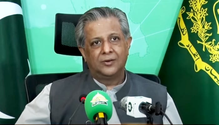 Law Minister Azam Nazeer Tarar is addressing a press conference in Islamabad on May 20, 2024. — Screengrab/GeoNews