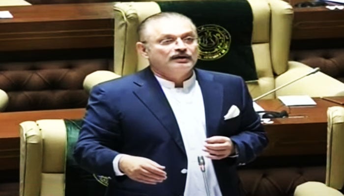 Sindh Information Minister Sharjeel Inam Memon addresses the Sindh Assembly session on May 21 in this still taken from a video. — YouTube/Geo News