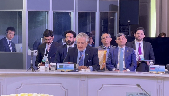 Deputy prime minister and foreign minister Senator Ishaq Dar addresses the SCO Council of Foreign Ministers meeting being held in Astana, Kazakhstan from May 20-21, 2024. — X/@ForeignOfficePk