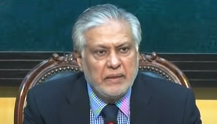 Deputy Prime Minister Ishaq Dar speaks during a presser in Islamabad on May 22, 2024, in this still taken from a video. — YouTube/Geo News Live