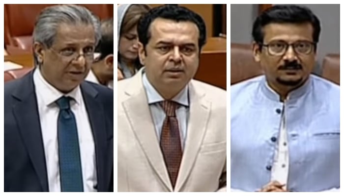 (From left to right): Law Minister Azam Nazeer Tarar, PML-Ns Talal Chaudhry, and MQM-Ps Faisal Sabzwari, speaking during a Senate session, on May 22, 2024. — Screengrab/YouTube/GeoNews