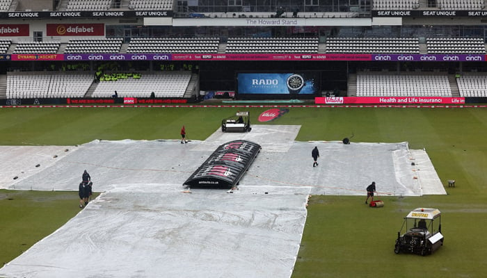 The pitch at the Headingley Cricket Ground in Leeds is covered after heavy rain, on May 22, 2024. — X/@englandcricket